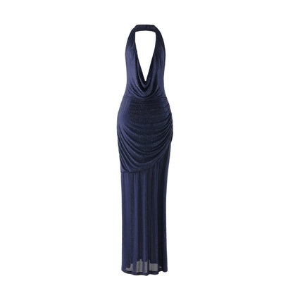 Halter Embellished Backless Maxi Dress Navy Blue HV3183