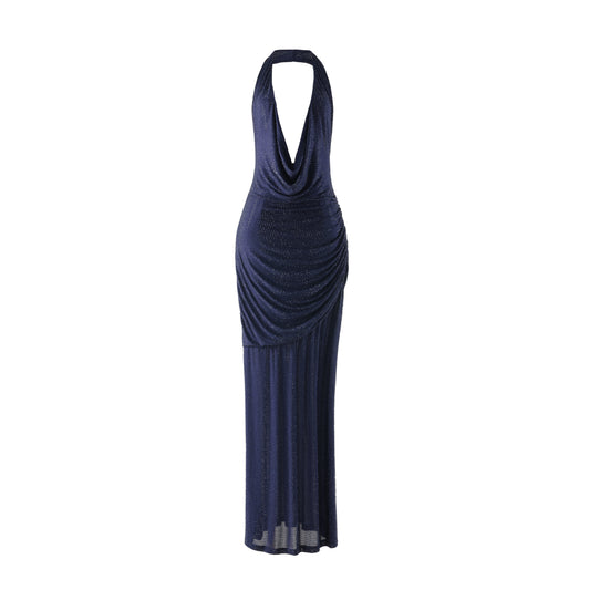 Halter Embellished Backless Maxi Dress Navy Blue HV3183