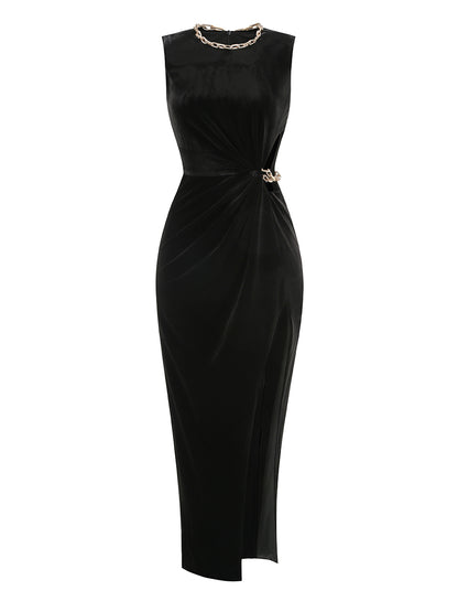 Crystal Chain Maxi Velvet Dress Black