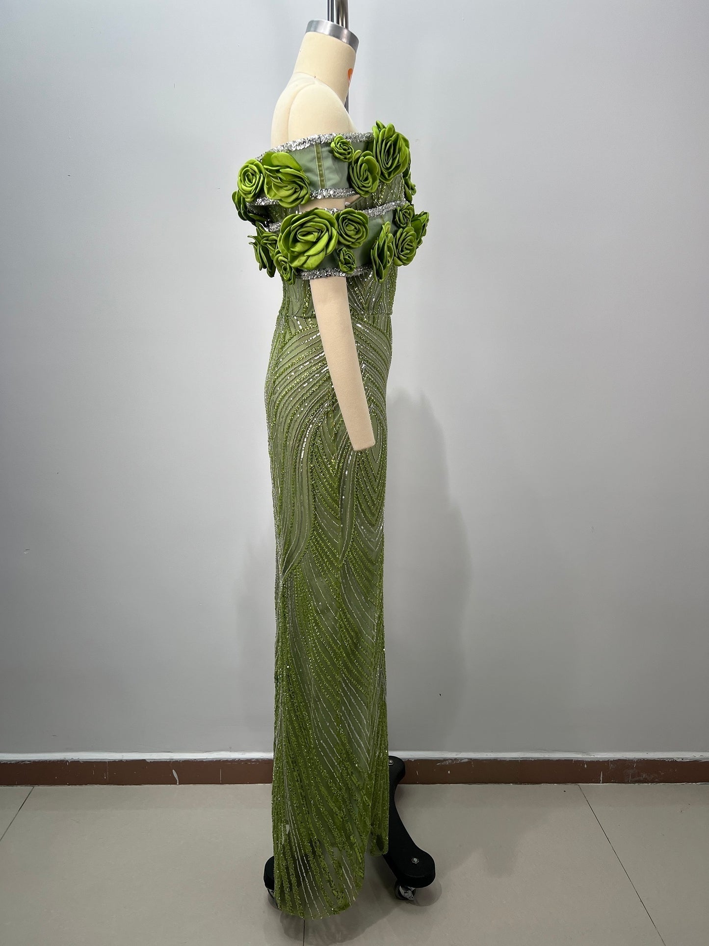 Floral Bardot Sequin Maxi Dress Green HV2400