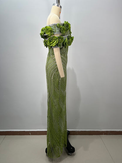 Floral Bardot Sequin Maxi Dress Green HV2400