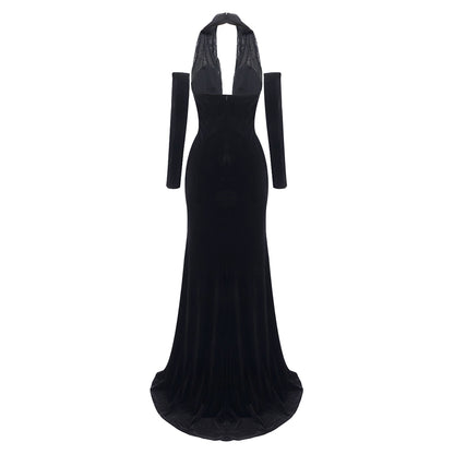 Long Sleeve Halter Lace Maxi Velvet Dress  HV2048
