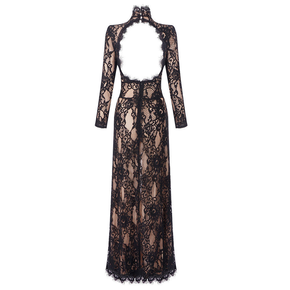 Long Sleeve Cut Out Lace Maxi Dress Black HV2038
