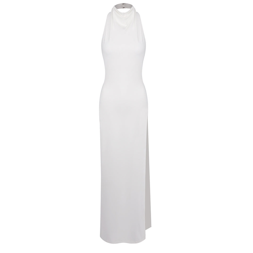 Halter Crystal Detail Backless Maxi Dress White HV2655