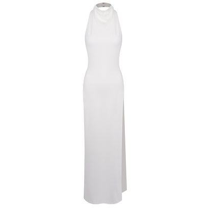Halter Crystal Detail Backless Maxi Dress White HV2655