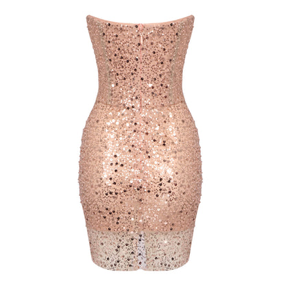 Strapless Corset Sequin Crystal Dress Nude Pink HV1656