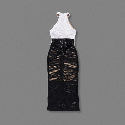 Pearl Sequin Tassel Maxi Dress White Black HV2129
