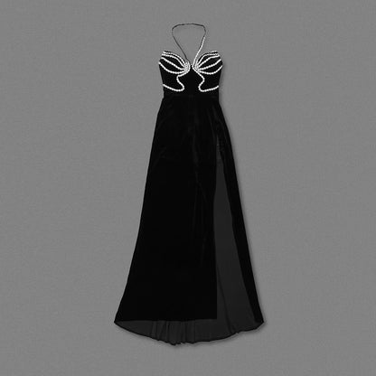 Halter Embellished Trim Maxi Velvet Dress Black HV1603