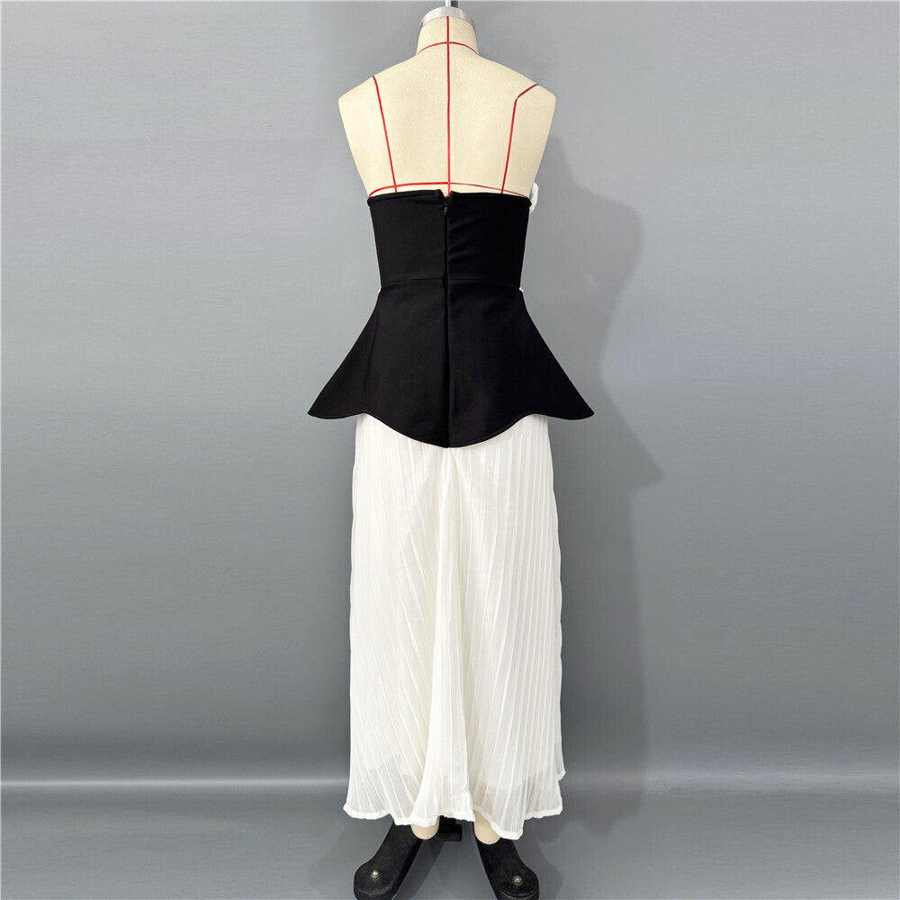 Strapless Floral Peplum Pleated Midi Dress Black White HV2612