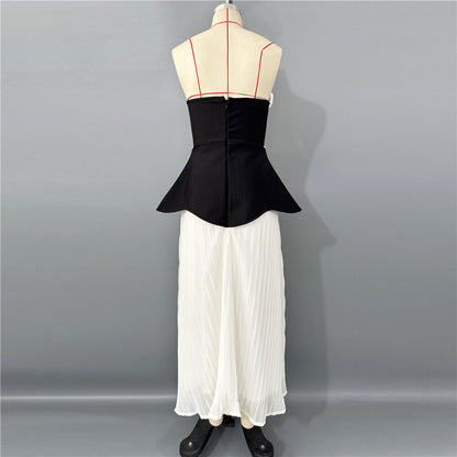 Strapless Floral Peplum Pleated Midi Dress Black White HV2612