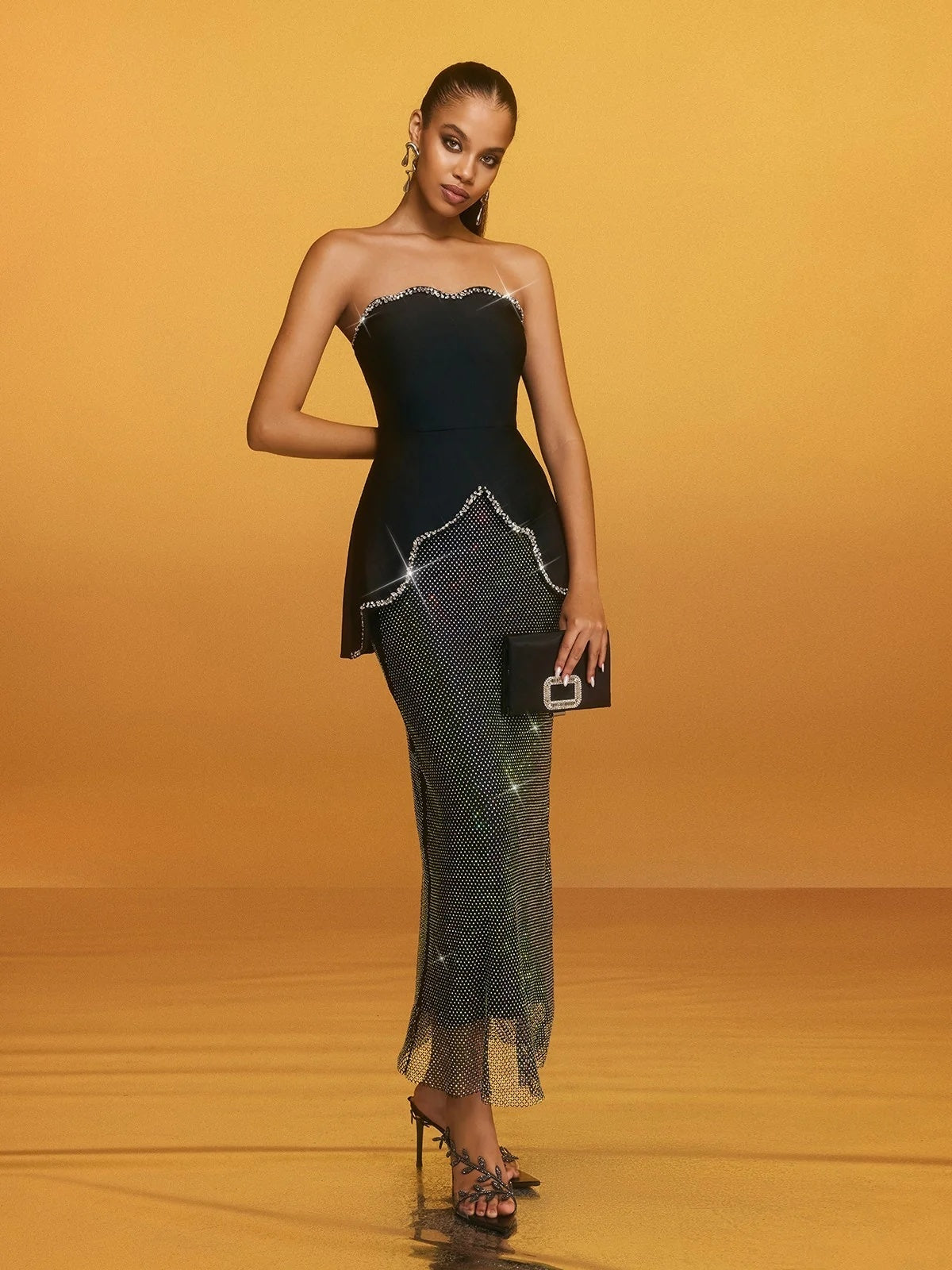 Strapless Crystal Trim Peplum Maxi Dress Gold HV2668