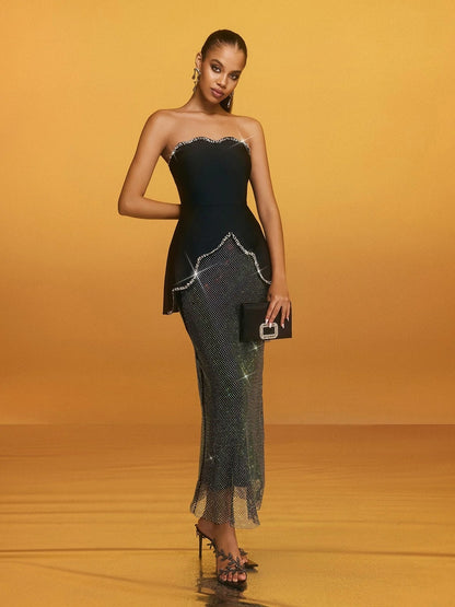 Strapless Crystal Trim Peplum Maxi Dress Gold HV2668