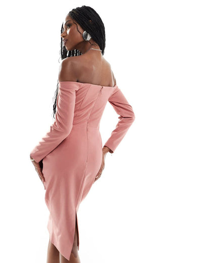 Long Sleeve Draped Bardot Midi Dress Pink HV0001