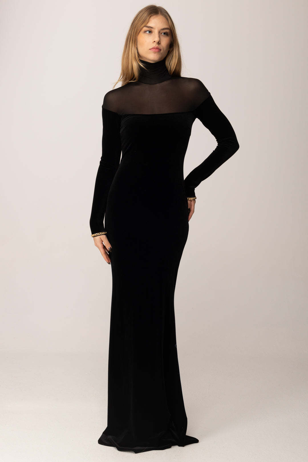 Long Sleeve Mesh Insert Maxi Velvet Dress Black HV0055