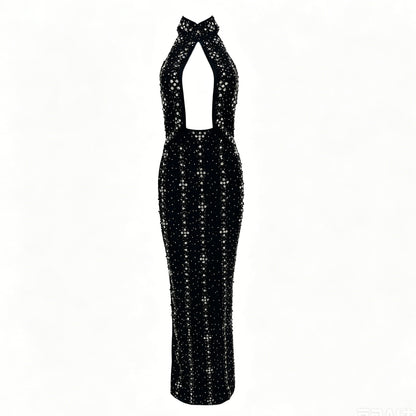 Halter Crystal Cut Out Maxi Dress HV3082