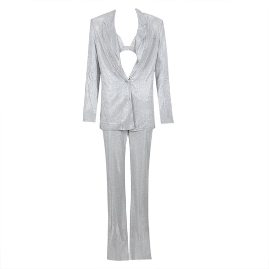 Sparkly Long Sleeve Three Piece Suit Silver HV9543