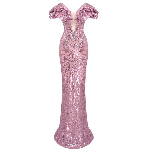 Ruffle Bardot Crystal Sequin Maxi Dress Pink HV1601