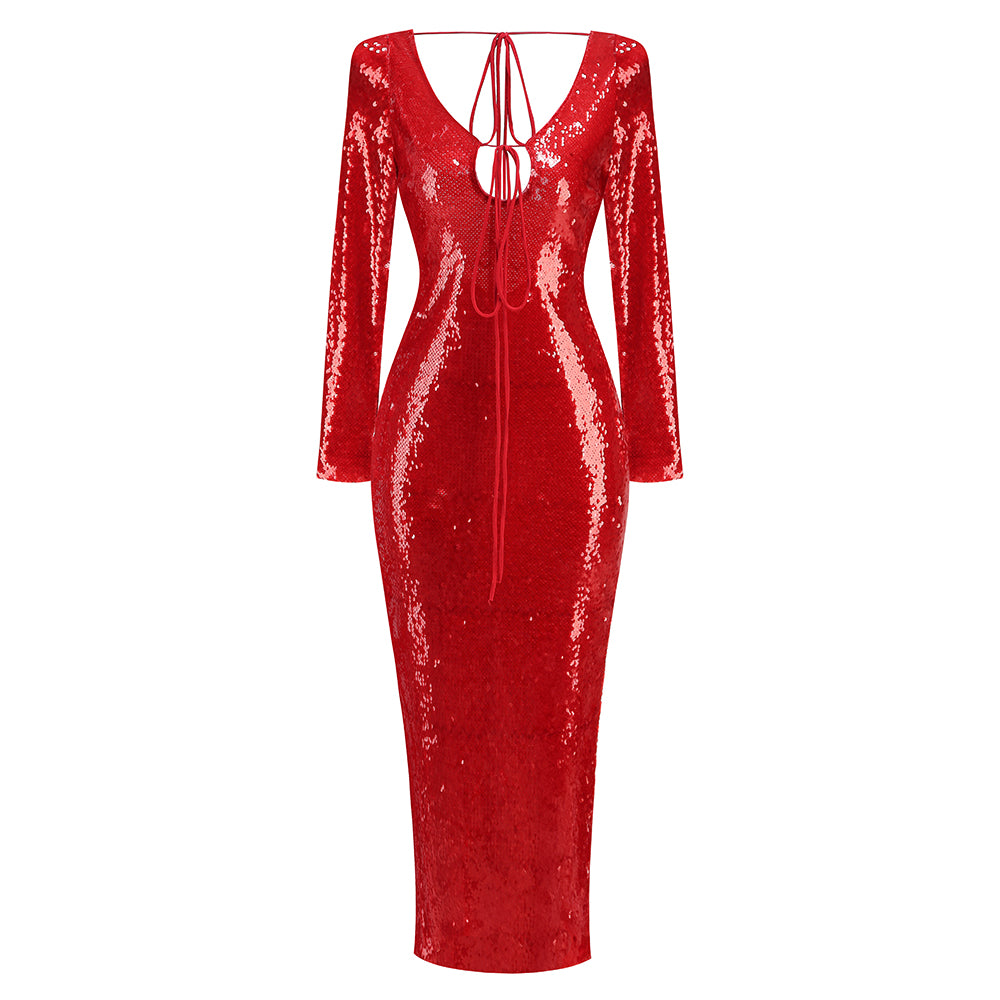 Long Sleeve Sequin Midi Dress Red HV1690