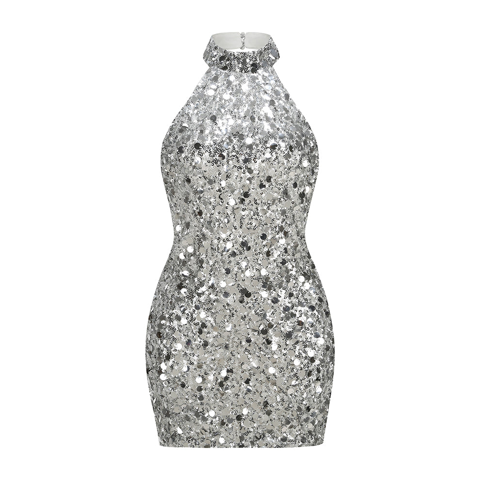 Halter Sequin Dress Silver HV3142