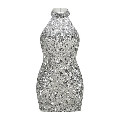 Halter Sequin Dress Silver HV3142