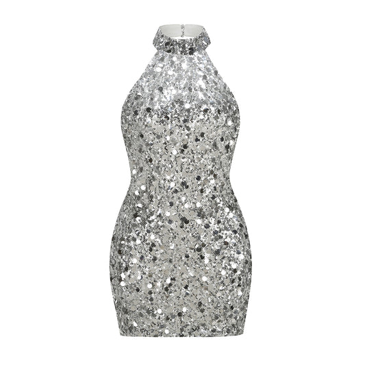 Halter Sequin Dress Silver HV3142