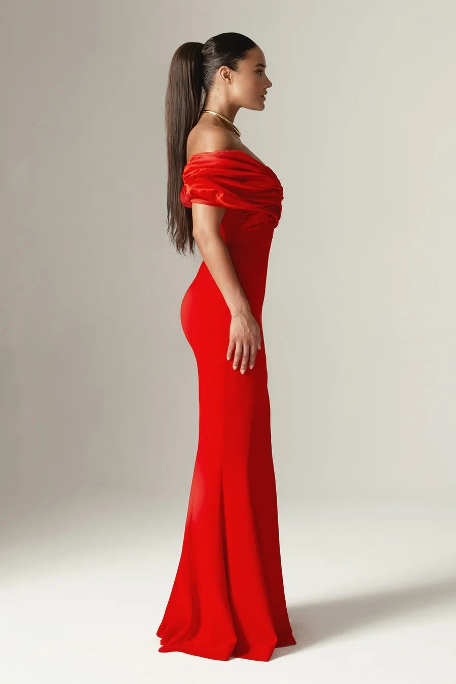 Draped Design Bardot Maxi Dress Red HV1994