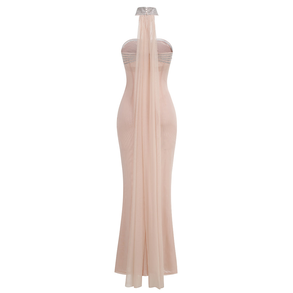 Strapless Crystal Draped Maxi Dress Nude HV3176