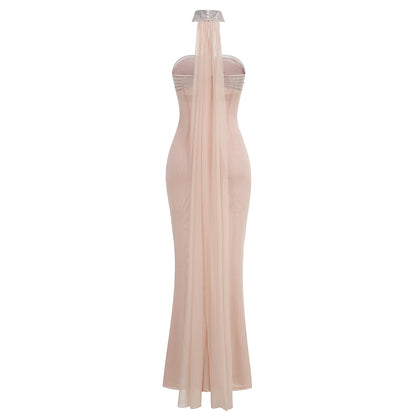 Strapless Crystal Draped Maxi Dress Nude HV3176
