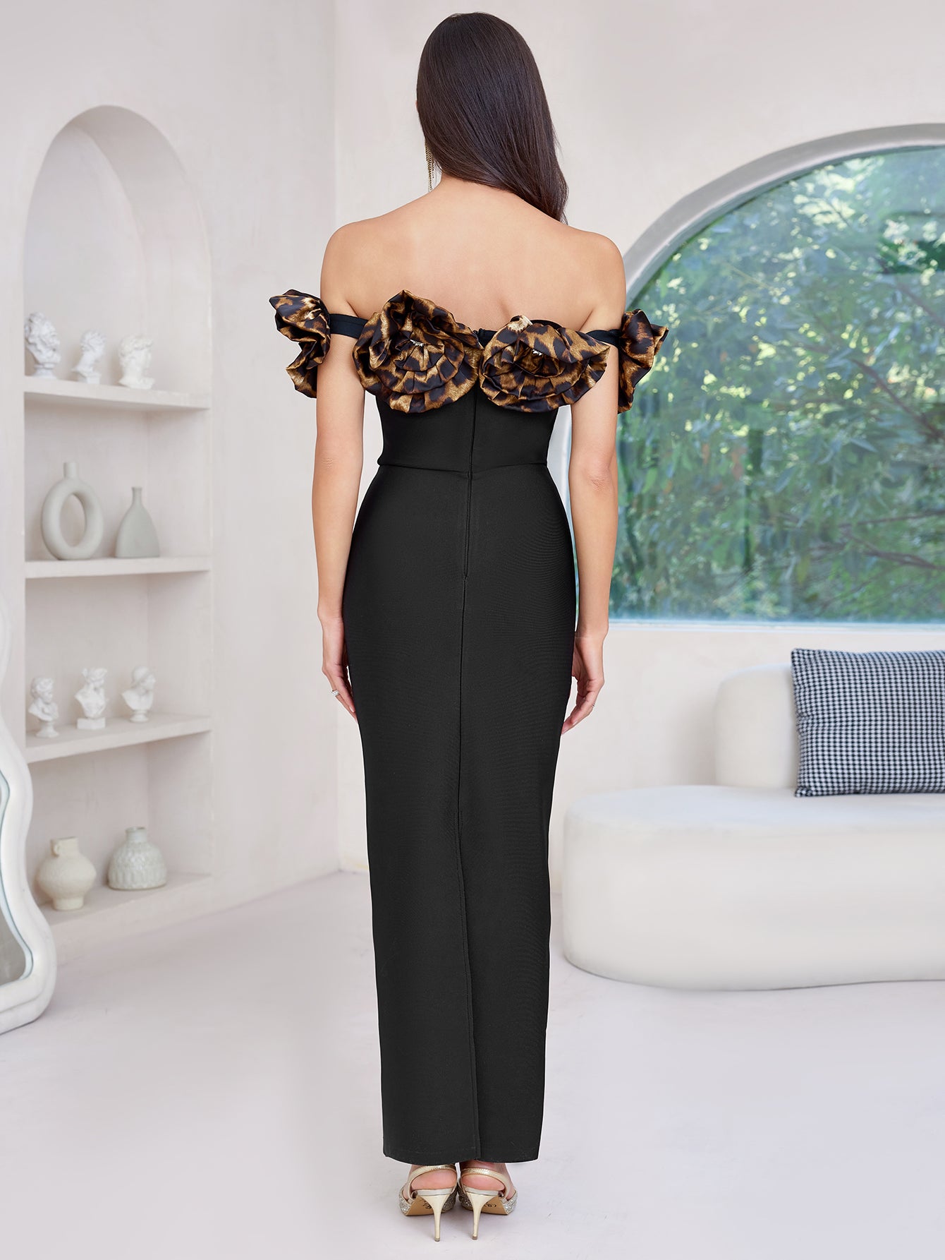 Animal Print Floral Bardot Maxi Dress Black HV2187