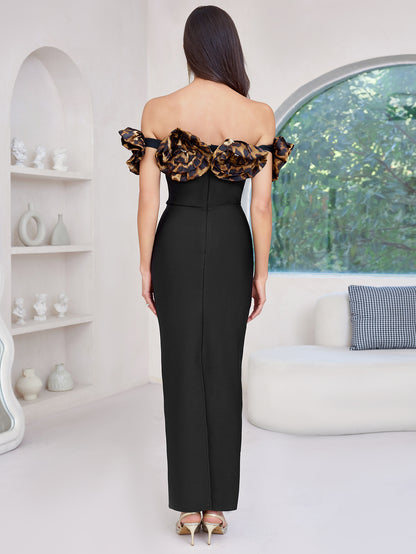 Animal Print Floral Bardot Maxi Dress Black HV2187