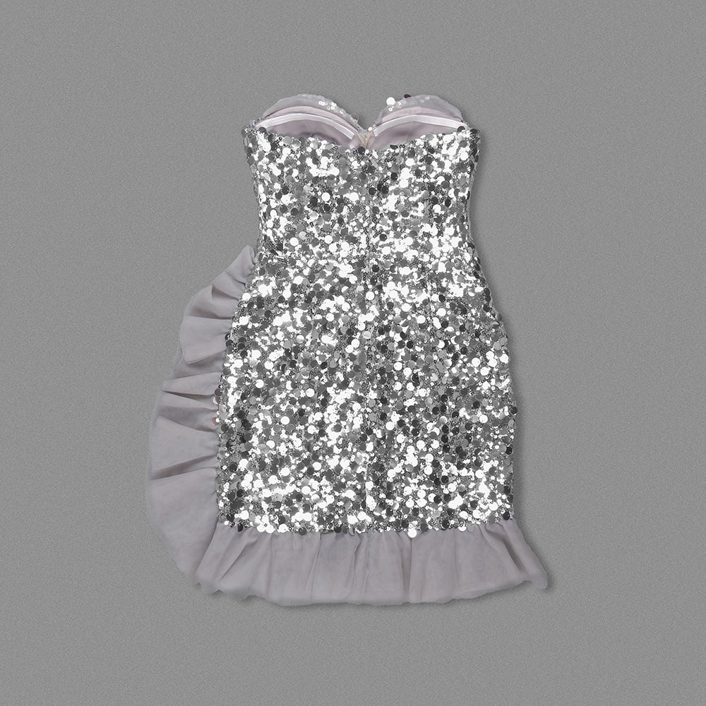 Strapless Sequin Ruffle Dress Silver HV1709