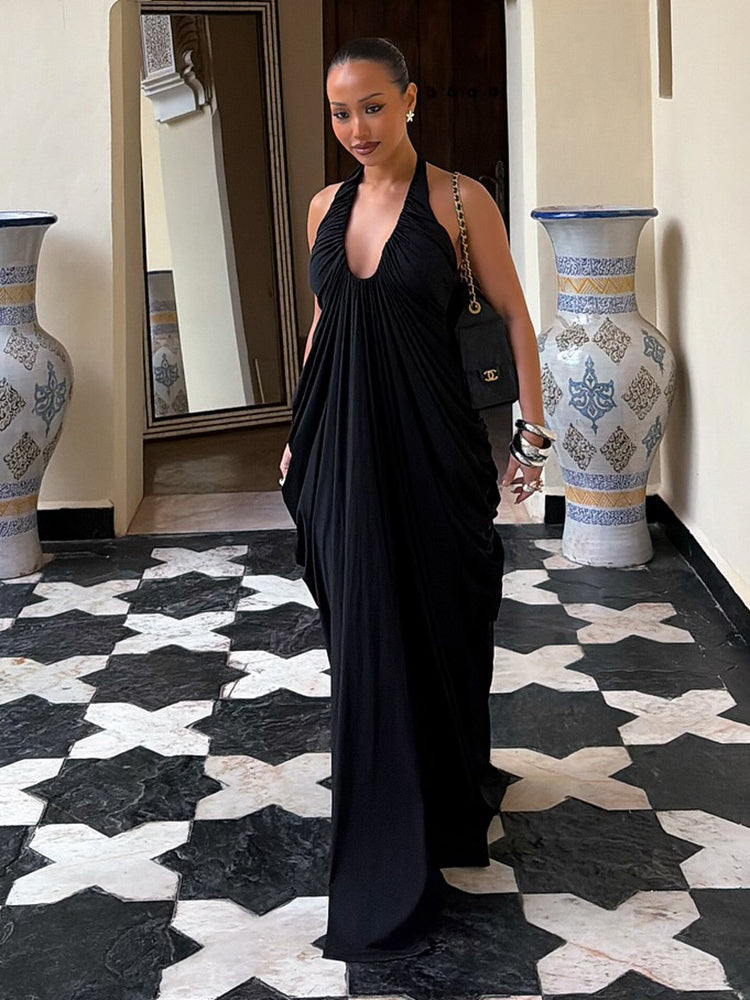Halter Draped Design Maxi Dress Black HV0068