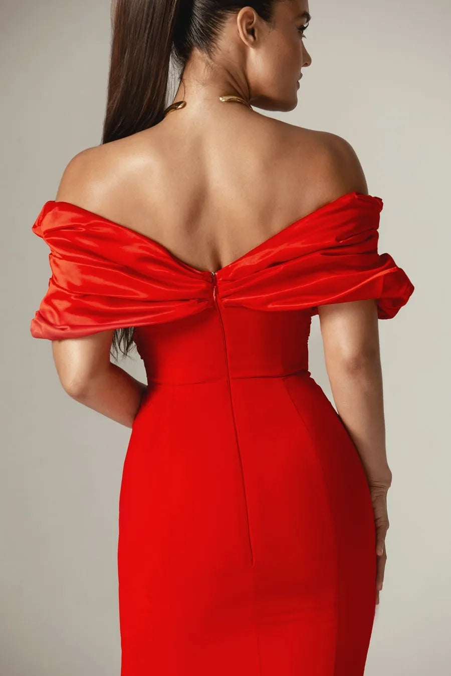 Draped Design Bardot Maxi Dress Red HV1994