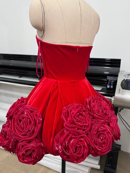 Strapless Floral A Line Velvet Dress Red