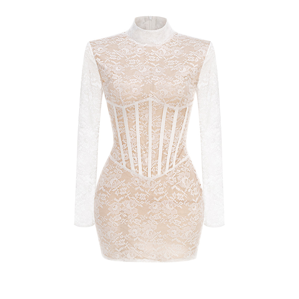 Long Sleeve Structured Lace Dress White