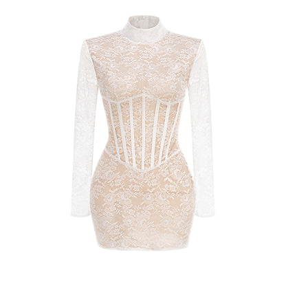 Long Sleeve Structured Lace Dress White