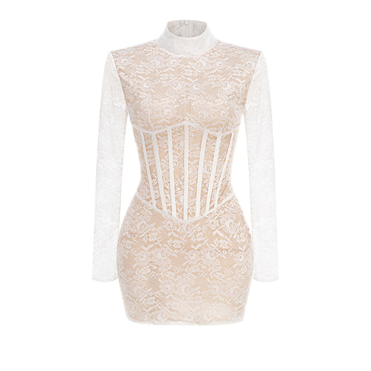 Long Sleeve Lace Corset Dress White HV2245