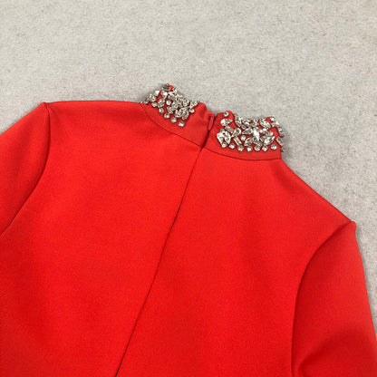 Long Sleeve Crystal Detail Midi Dress Red  HV1687