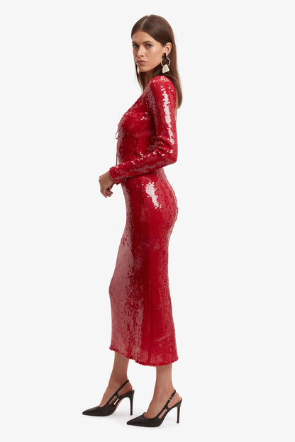 Long Sleeve Sequin Midi Dress Red HV1690