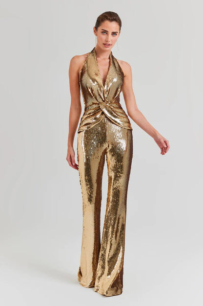 Halter Draped Sequin Jumpsuit Gold HV1099