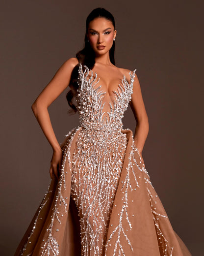 Strapless Crystal Pearl Sequin Maxi Dress Nude HV2146