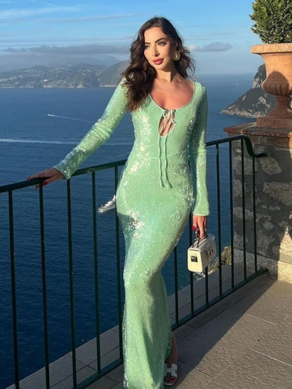 Long Sleeve Sequin Maxi Dress Green