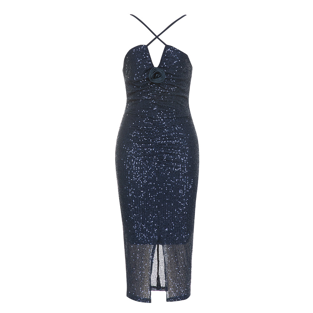 Halter Sequin Midi Dress Midnight HV9670