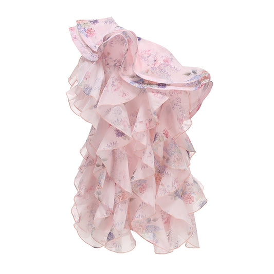 One Shoulder Floral Ruffle Dress Pink HV3130