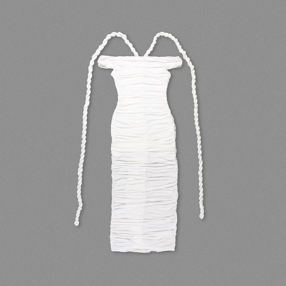 Braid Detail Bardot Ruched Maxi Dress White HV1713