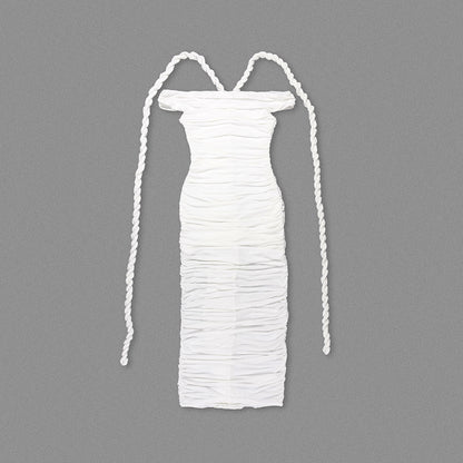 Braid Detail Bardot Ruched Maxi Dress White HV1713