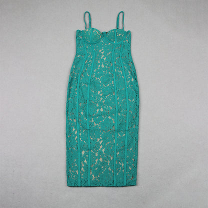 Bustier Detail Lace Midi Dress Green HV9329