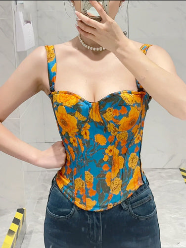 Floral Structured Bustier Top Blue Orange HV3039
