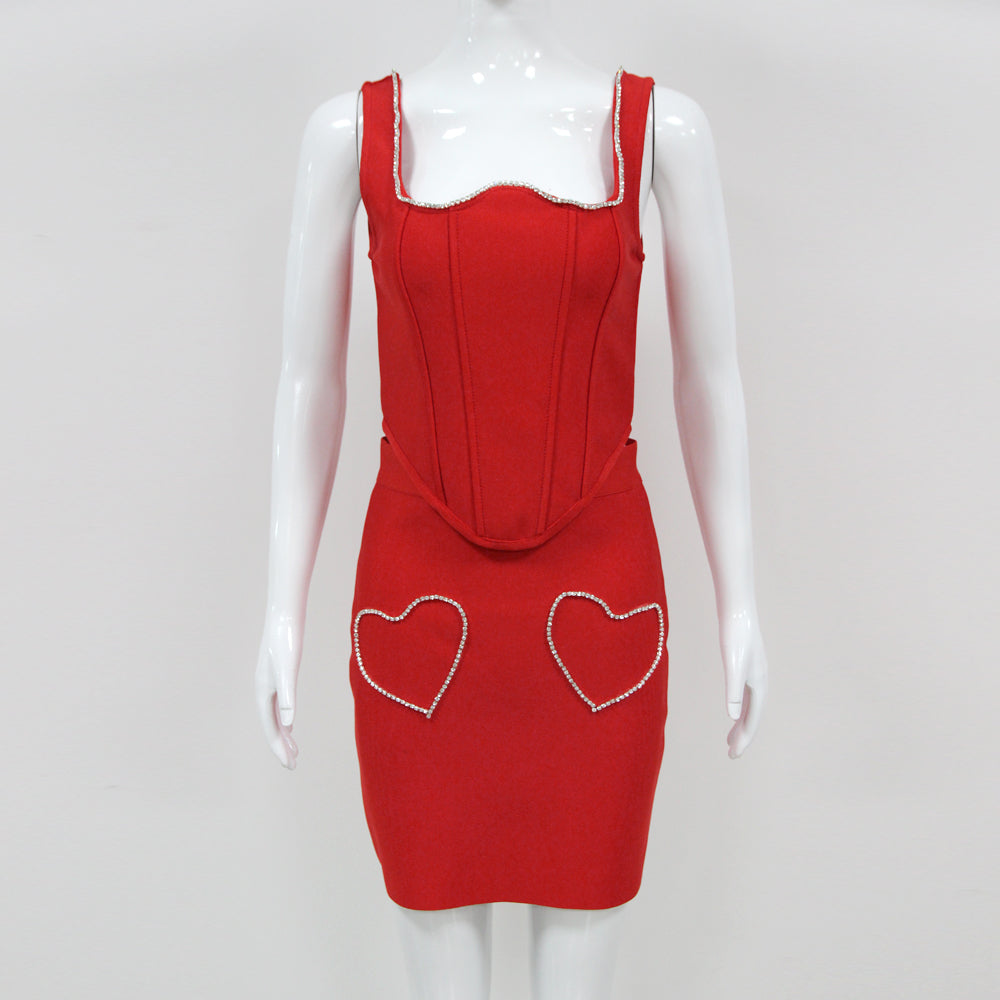 Crystal Heart Corset Two Piece Dress Red HV1325