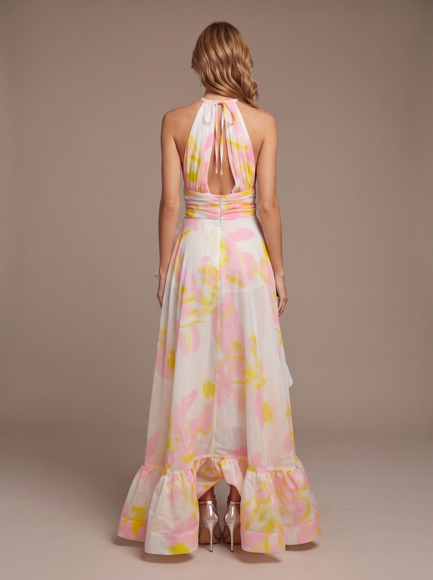 Halter Floral Ruffle Maxi Dress Pink Yellow HV3140